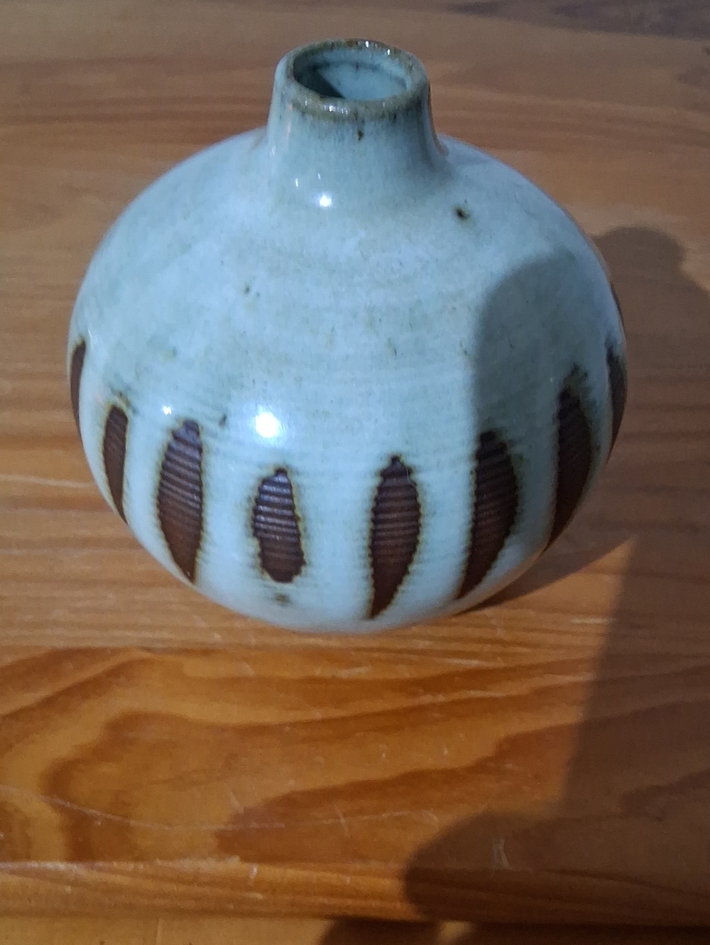 1970"s Vintage Glazed Ceramic Bud Vase in Pale Blue with Brown Accents